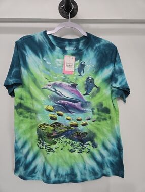 New. Mighty Fine SMALL Tie Dye green & blue Tee T Shirt Ocean Marine Animal Life